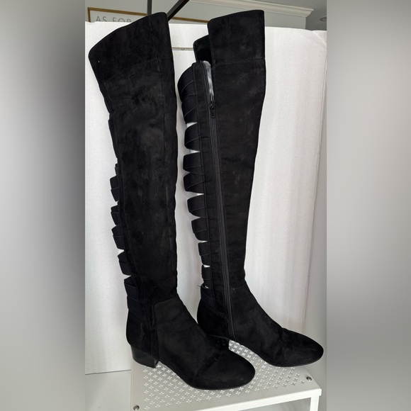 Nine West Suede Black Over Knee-High Boots Crisscross Stretchy Elastic Size 7.5 - Picture 1 of 11